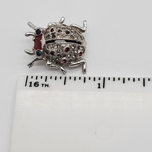 Vintage Coro Ladybug Perfume Sachet Brooch Rhinestone Tiny Bug Pin Silver Tone - Picture 7 of 11